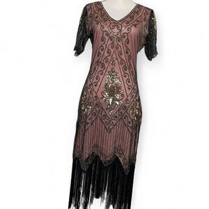 Beaded Pink Black Flapper Dress Fringe Vintage Gold Sequins Bias Cut Size M